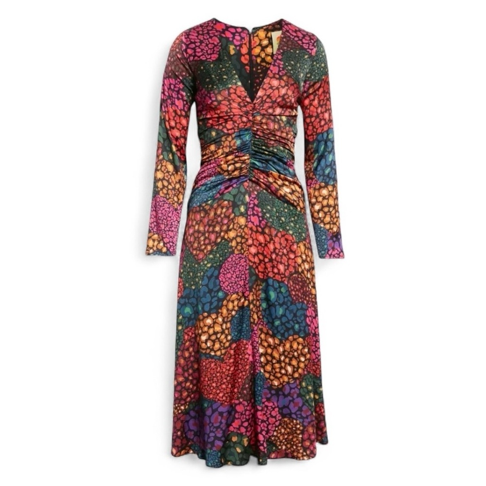 Farm Rio Rainbow Hearts Midi Dress Ruched XS Boho Long Sleeve V-Neck
